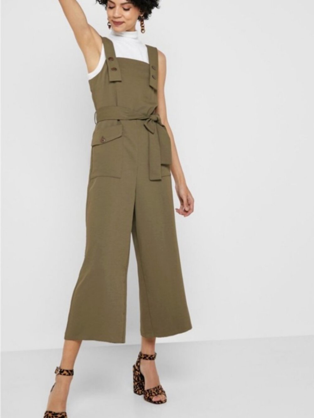 Topshop Pinafore Jumpsuit with Belt Olive Green Size 10